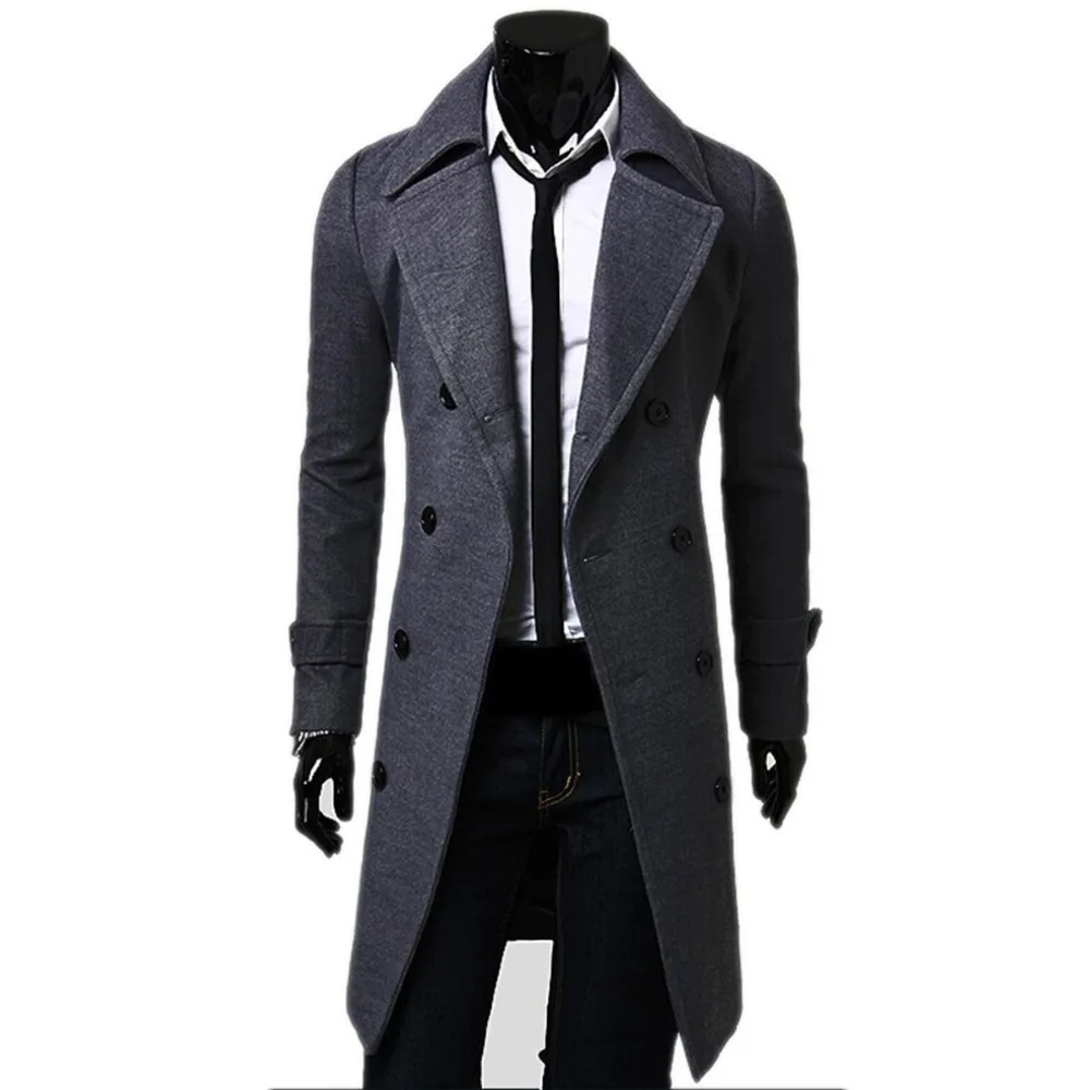 Men's Trench Coat Double-breasted Long Jacket In Solid Colour_voghion.com