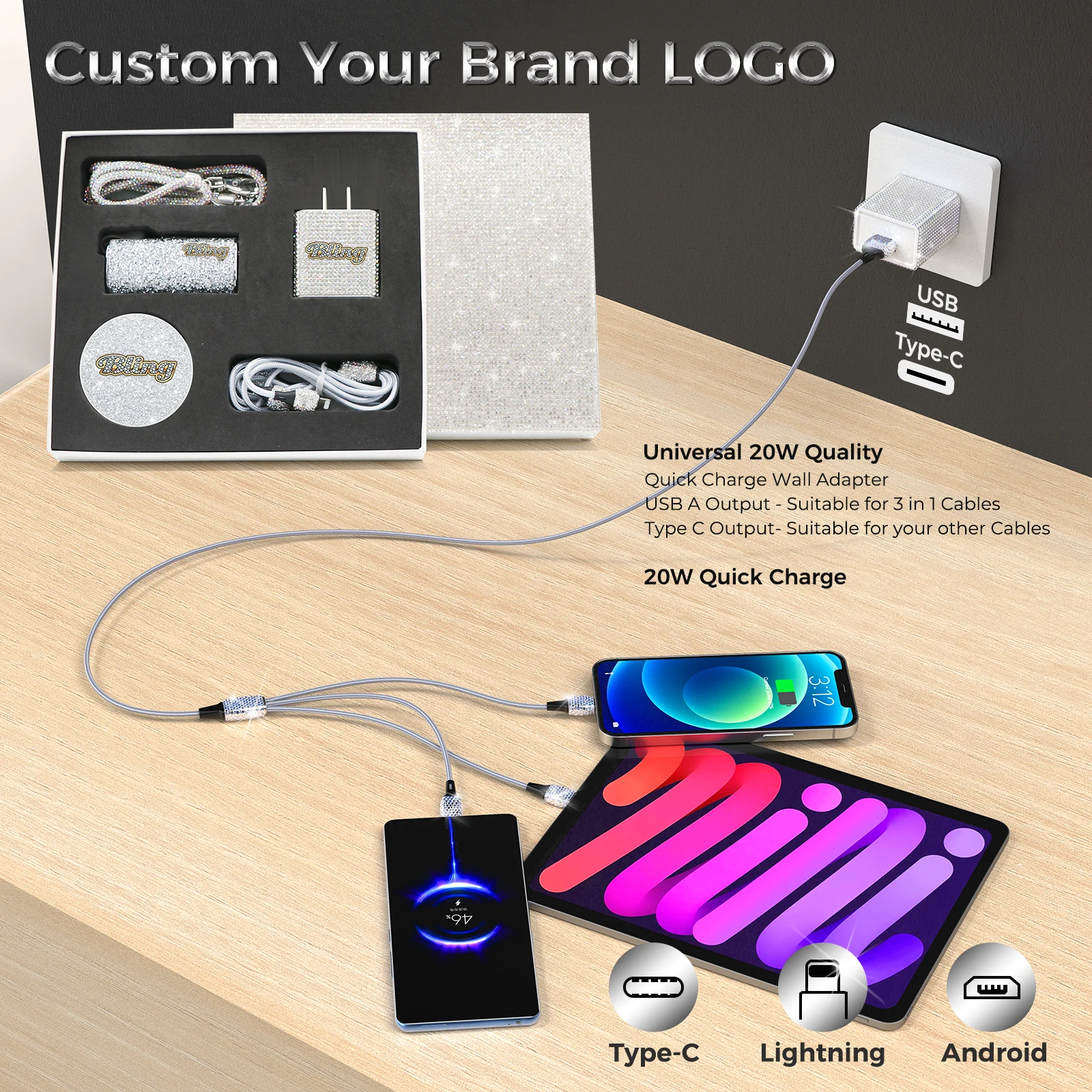 2023 New Arrival Shining Phone Accessories Gift Set With Logo 3 In 1
