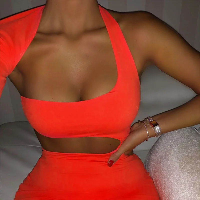 Solid Irregular Hollow Out One Shoulder Neon Bodycon Mini Dre