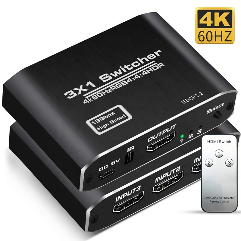 

3 in 1 Out 4K HDMI Switch Splitter Switcher with IR Remote Control Supports HDCP 2.2 4K@60Hz HDR 3D HD1080P for PS4 Xbox Apple, Black