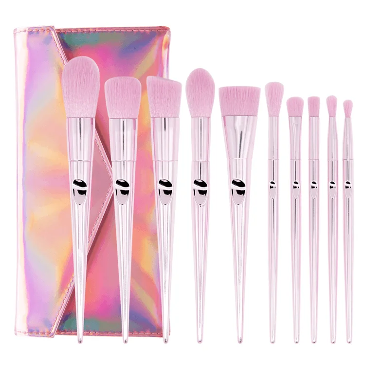 Wholesales 10 Pcs Rose Gold Laser Luxury Vegan Pink Professional Wood Custom Private Label Makeupbrush Makeup Brush Bag Set