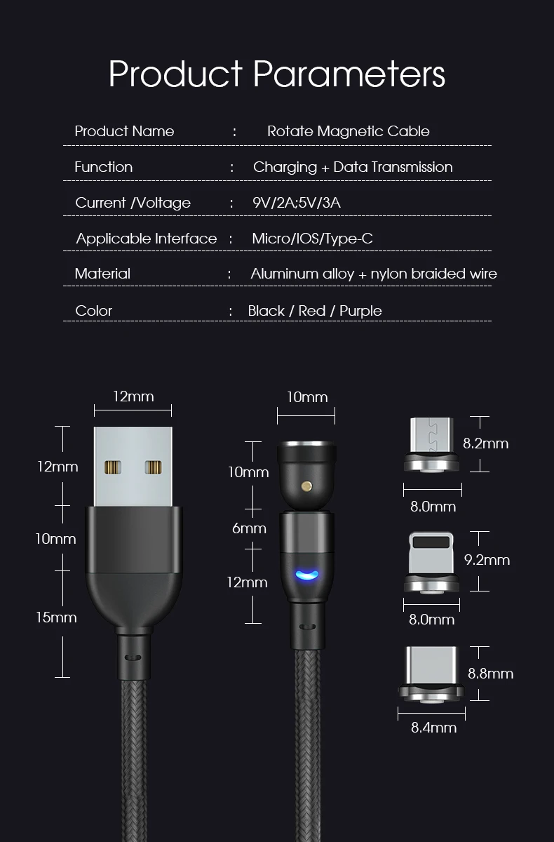 OEM Custom Logo 3 in 1 LED USB Data Cable 3A Magnetic Charging Cable for IOS Android Micro USB Type C Fast Cable - ANKUX.COM