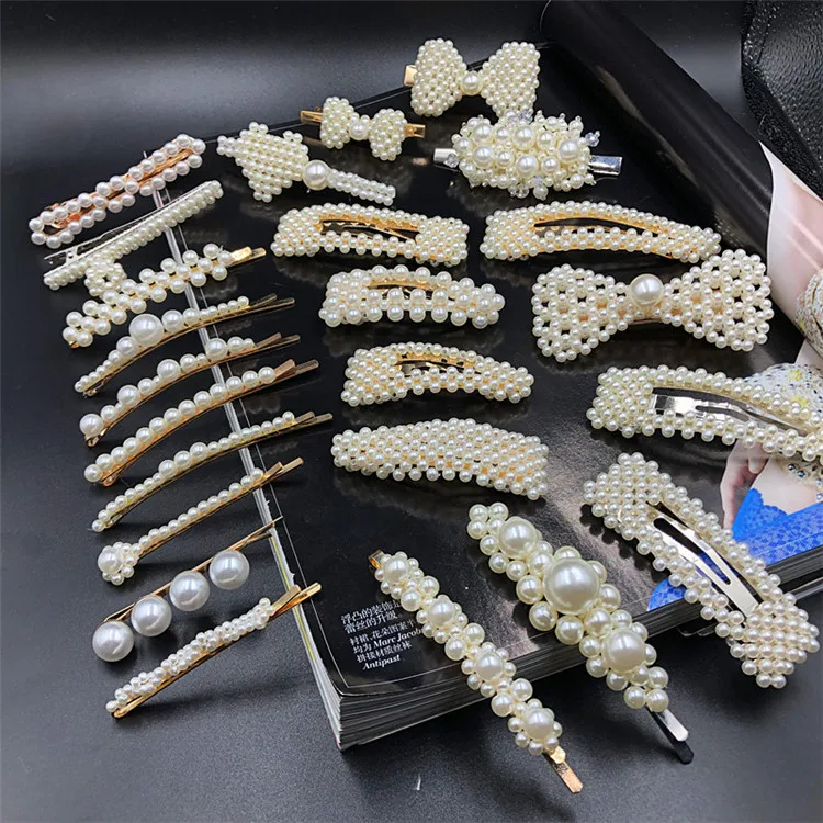 
Korean Vintage Retro Triangle Pearl Gold Metal Hair Clip Snap Barrette Hairgrips Bobby Pins Alligator Hairpins for Women Girl 