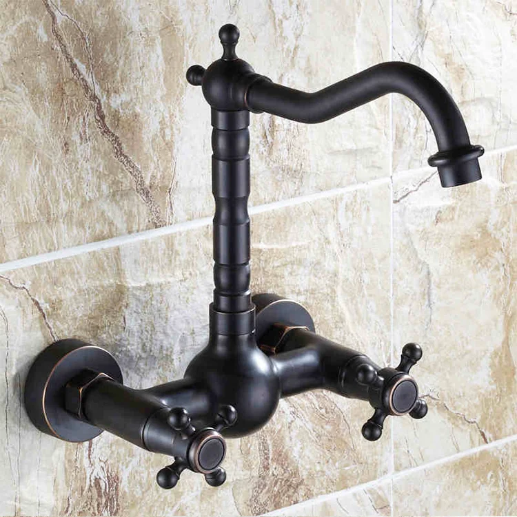 Double 2 Two Handles Holes Rotate Wall Mounted ORB Black Kitchen Faucet With Swivel Spout