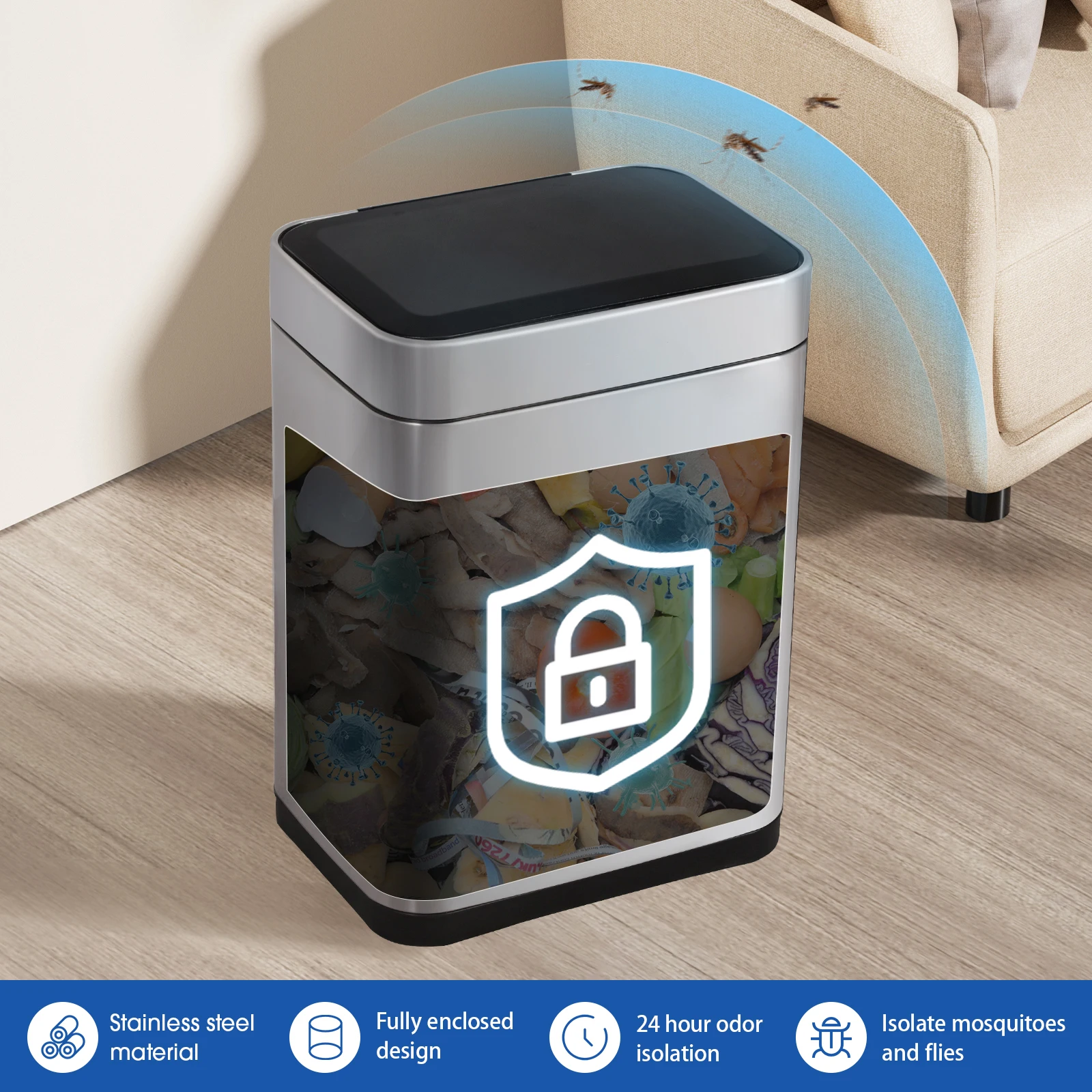 16gallon 60l Stainless Steel Smart Garbage Can Rectangular Vibration