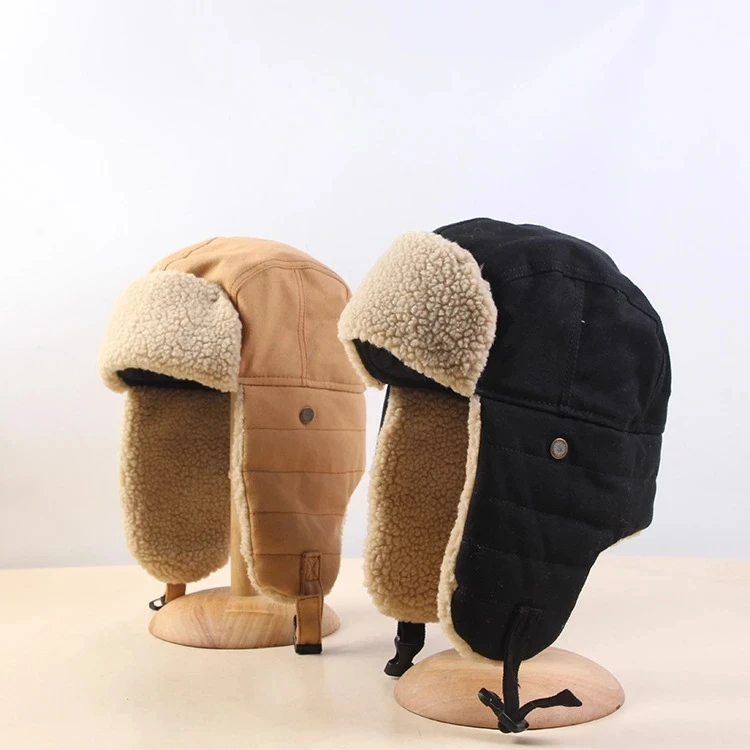 58cm Fur Lined Aviator Cap Male Female Trapper Bomber Snow Hat With Ear 