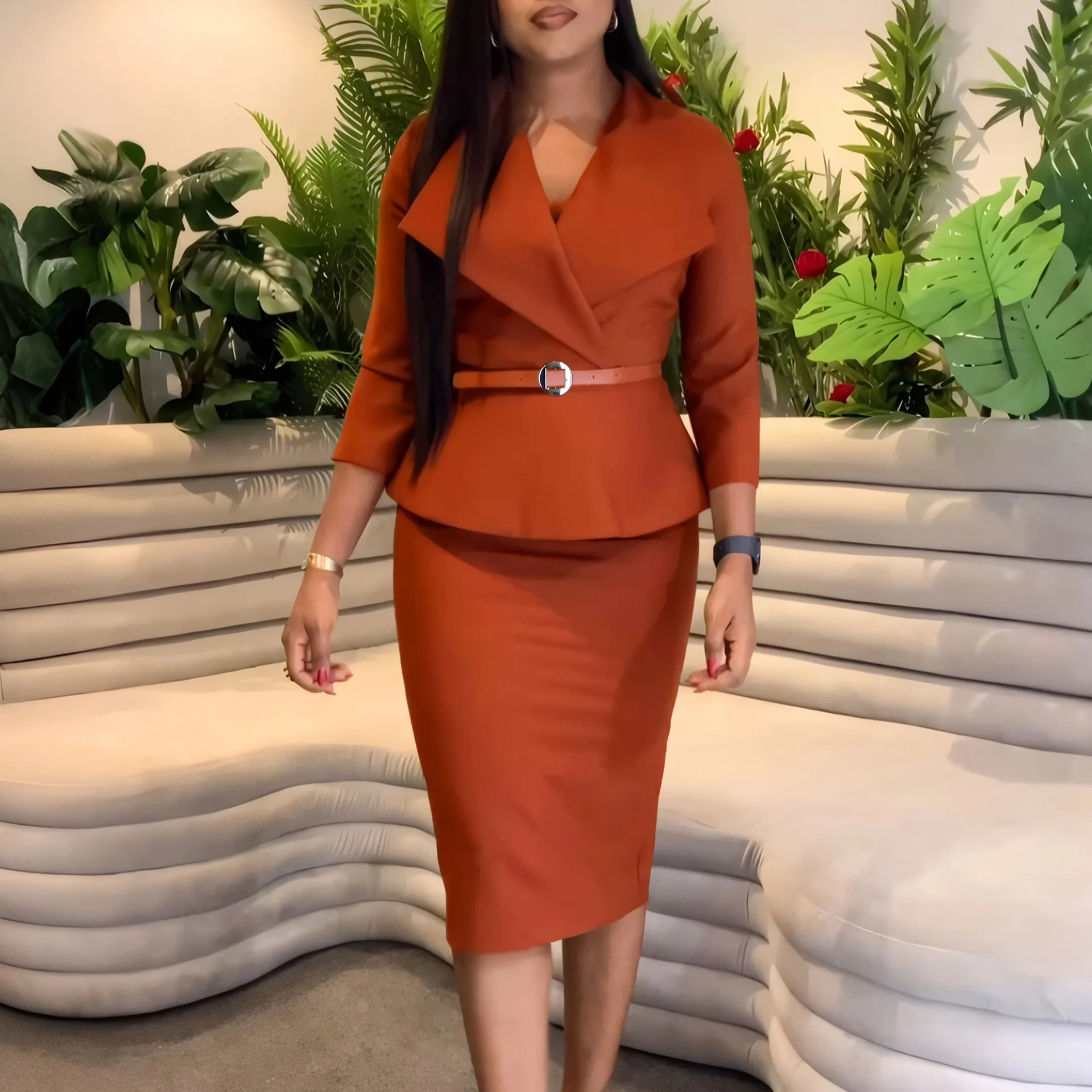 Latest Peplum Midi Dress Women Elegant Solid Color Ladies Knee Length  Formal Work Office Wear Dresses