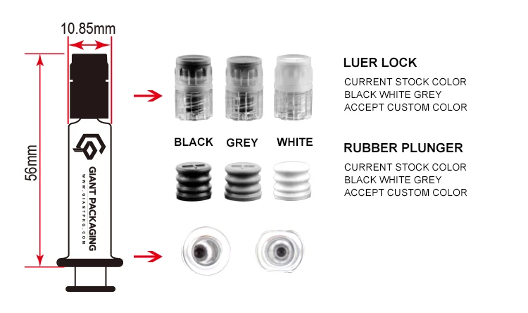 Detailed size of syringe and custom luer lock color and custom rubber plunger color