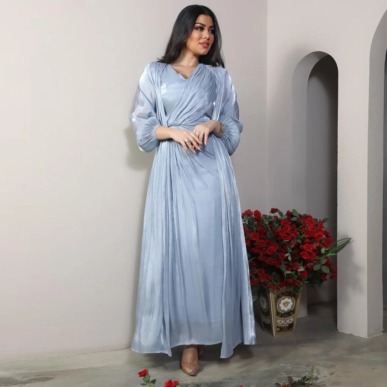 arabian silk dresses Modelyn Plus Size Arabian Dress With Gold Foil Printed Design, Glitter  Details, Embroidered Collar And Patchwork Long Evening Dresses Kaftan  Jalabiya Dress