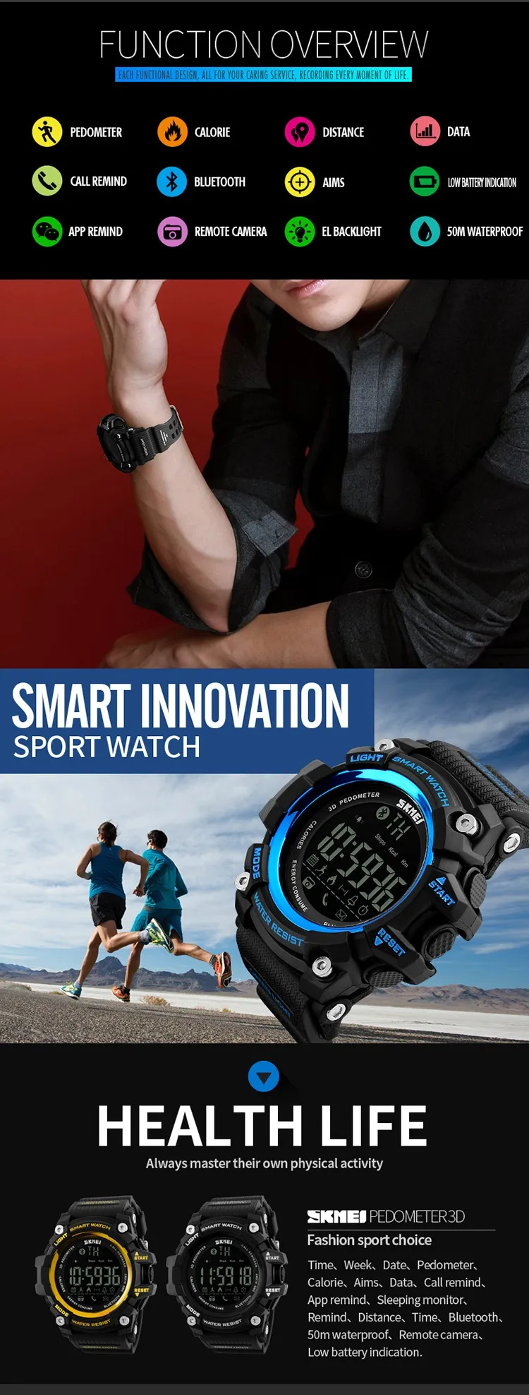 Men Sport Pedometer Watch Women Fashion Outdoor Digital Watches Calorie Tracker Bluetooth ios Android Skmei Fitness Smart Watch