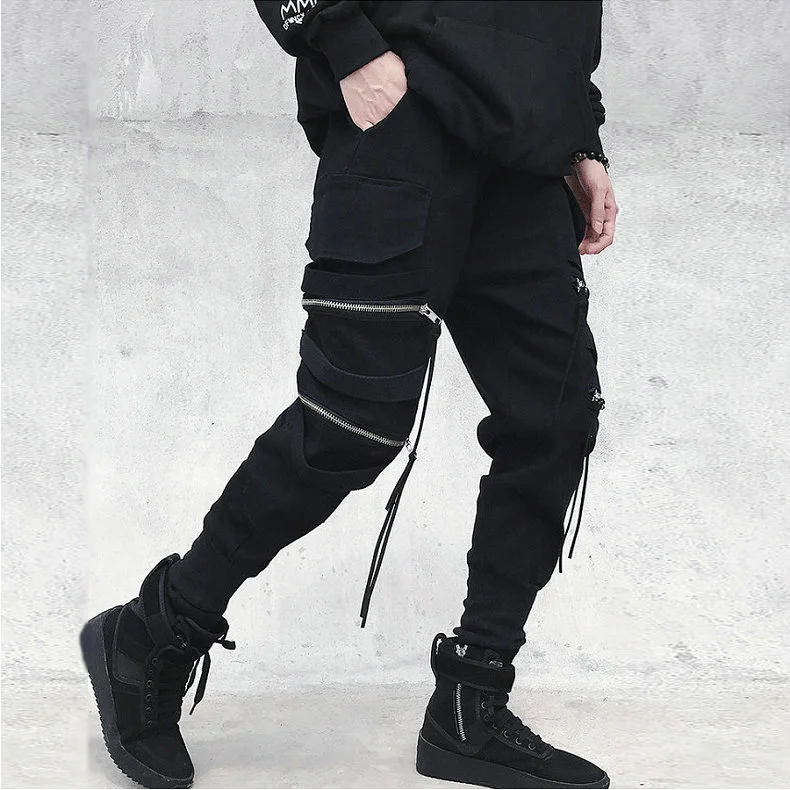 New Hip Hop Streetwear Joggers Men Black Zipper Ribbons Harem Pants ...