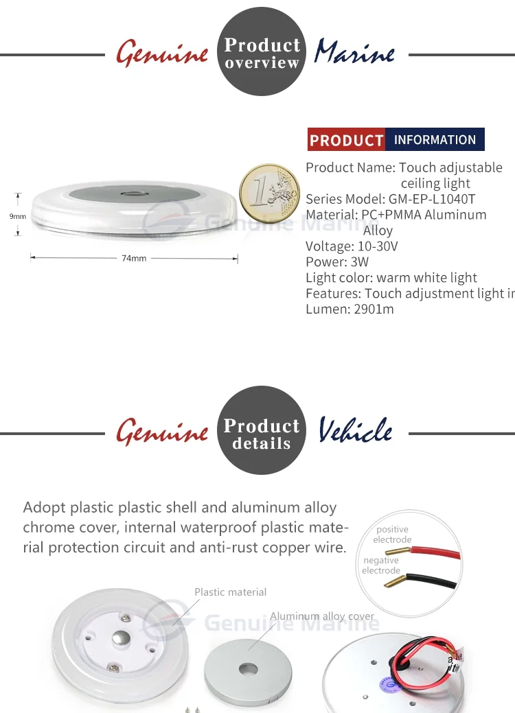 Genuine Vehicle Led 3w Rv Interior Ceiling Lamp With Touch Dimming