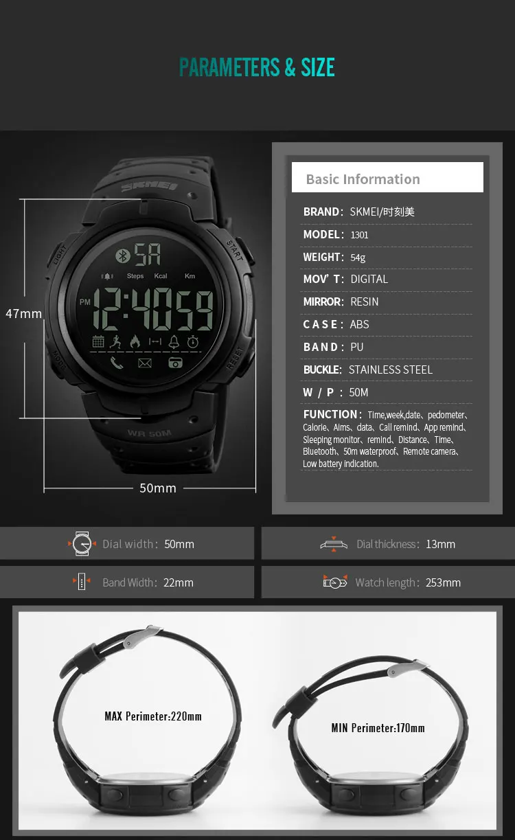 Top Fashion Skmei Bluetooth Men Sport Digital Wrist Watch Waterproof Reminder IOS Android Calorie Pedometer Fitness Smartwatch