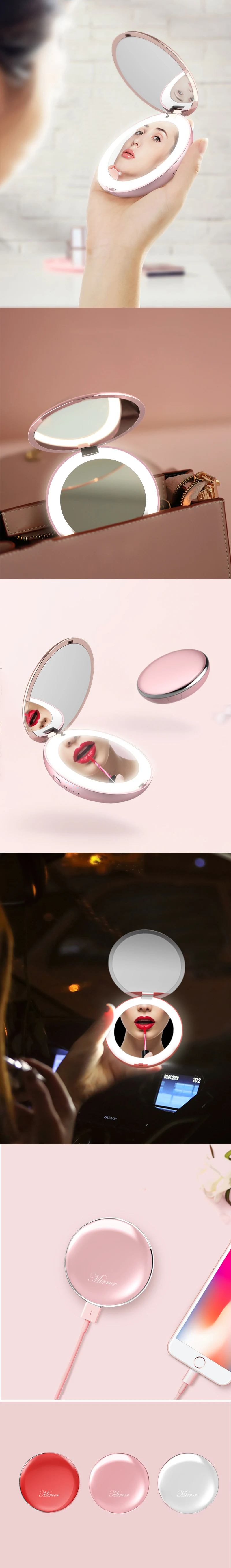 Mobile Power Bank With Makeup Mirror Portable Travel Led Lighted