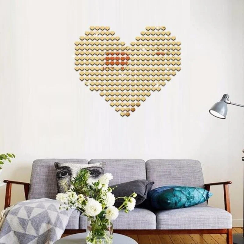 100 pi&egrave;ces/ensemble 3d En Forme De Coeur Acrylique Stickers Murs D&eacute;coration Miroir Autocollants