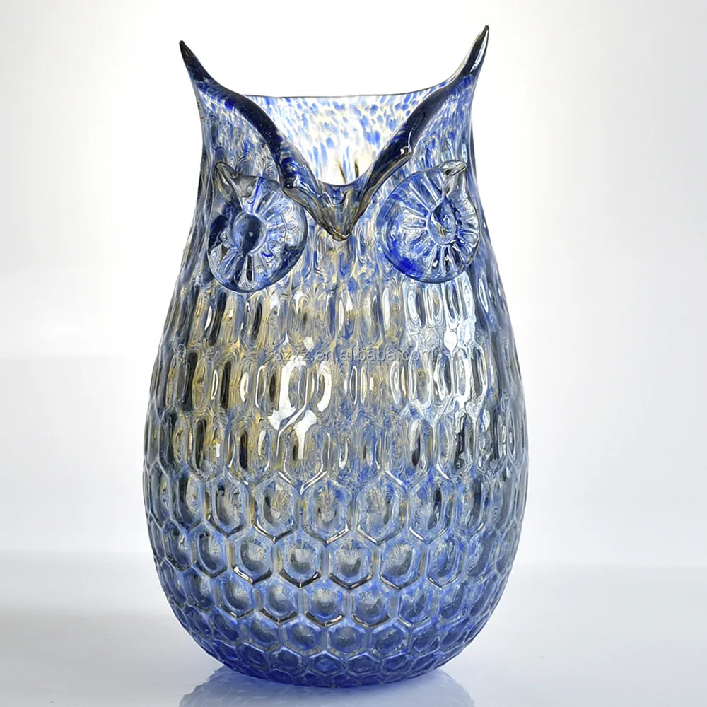 桌面手工艺术玻璃鸟雕像琥珀色纯色猫头鹰形状玻璃花瓶