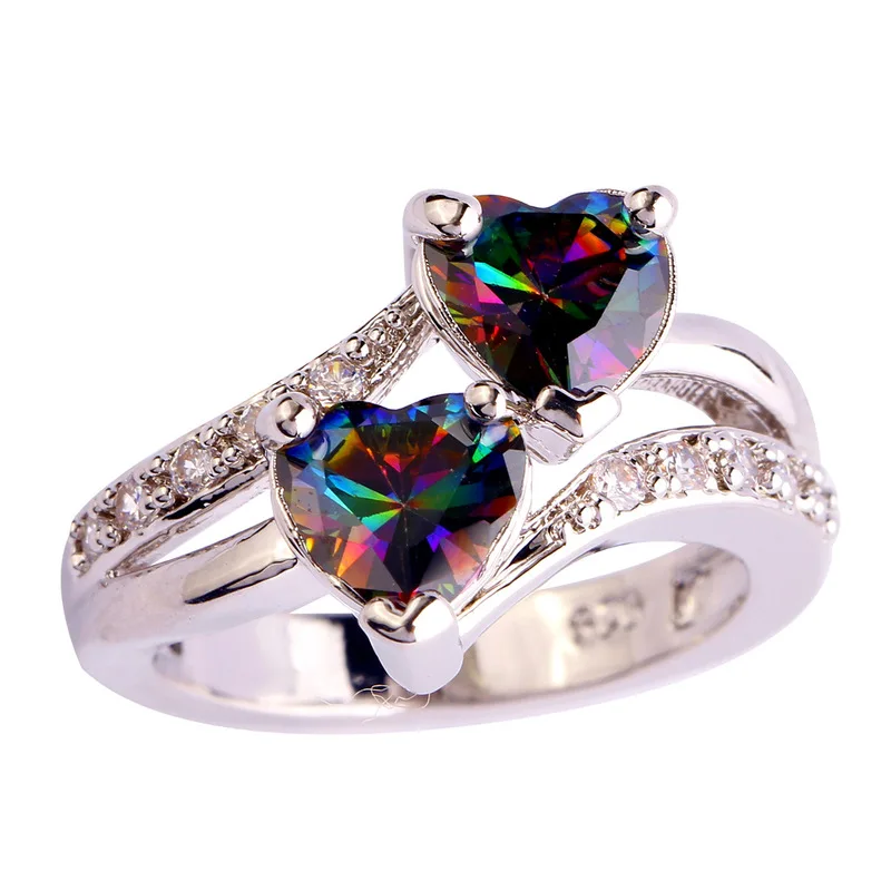 Womens Double Heart Ring Unique Created Mystic Rainbow Eternal Promise Accessory Ring 