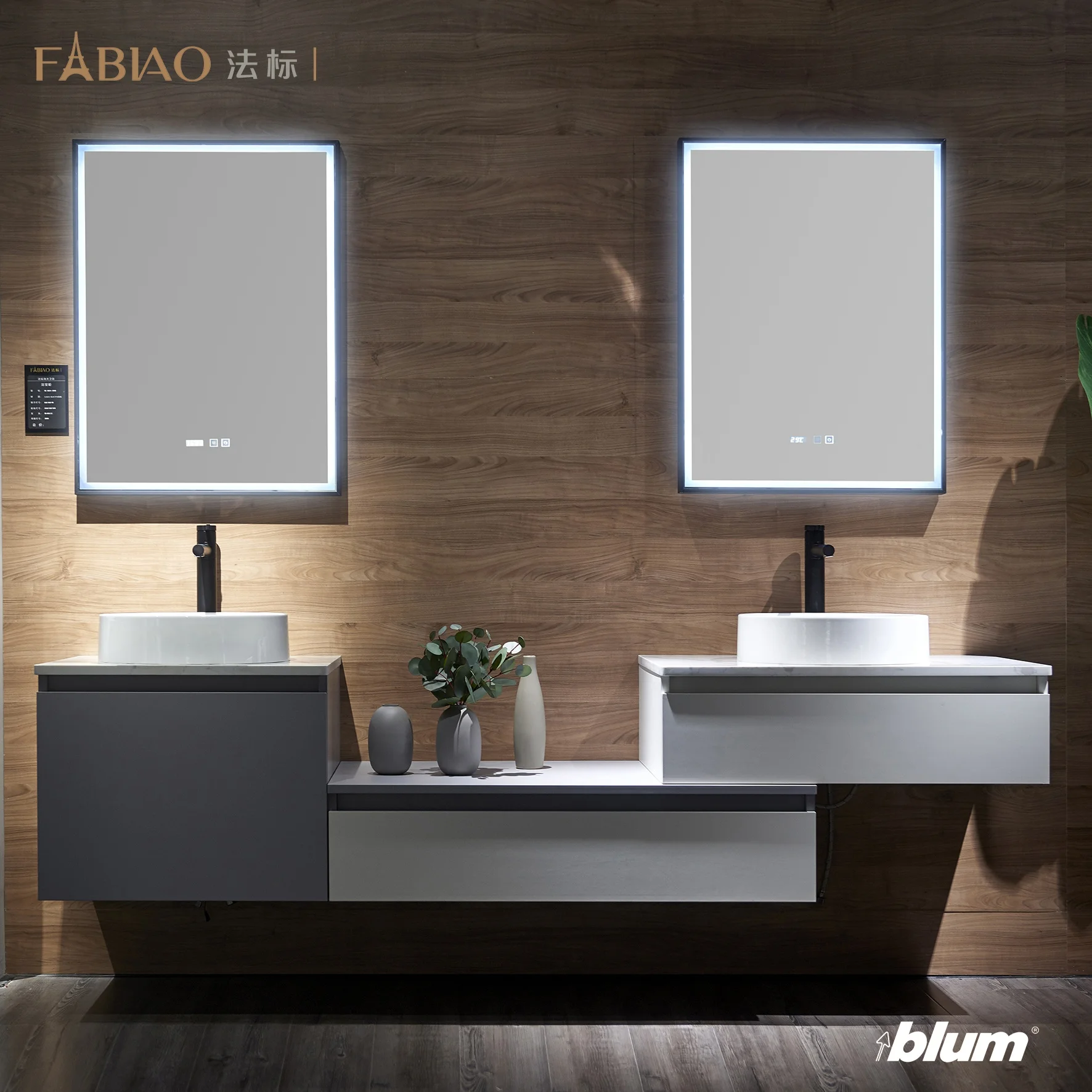 China mdf badkamermeubel klaar gemaakt spiegel badkamer meubels wastafelmeubel met dubbele wastafel