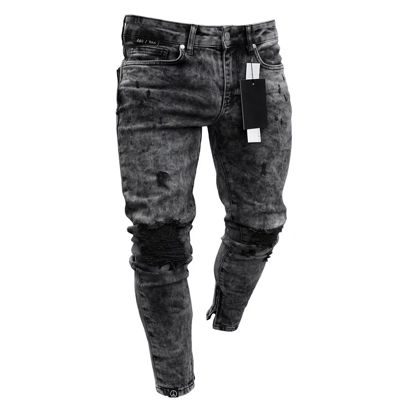 Amazon Hotsale Black Ripped Stretch Zipper Men's Small Leg Denim Jeans ...