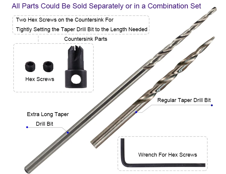 Round Shank 4 Flute HSS Wood Countersink Taper Drill Bit with Stop Collars and Wrench for Wood Screw