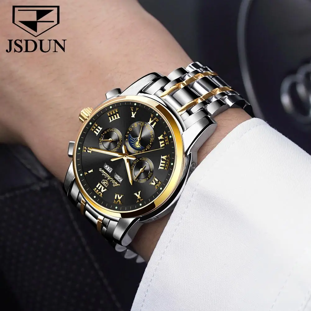 Men Watch Top Luxury Brand JSDUN Montre Homme Avec Date Complete Calendar Mechanical WristWatch ShenZhen Factory Supplier