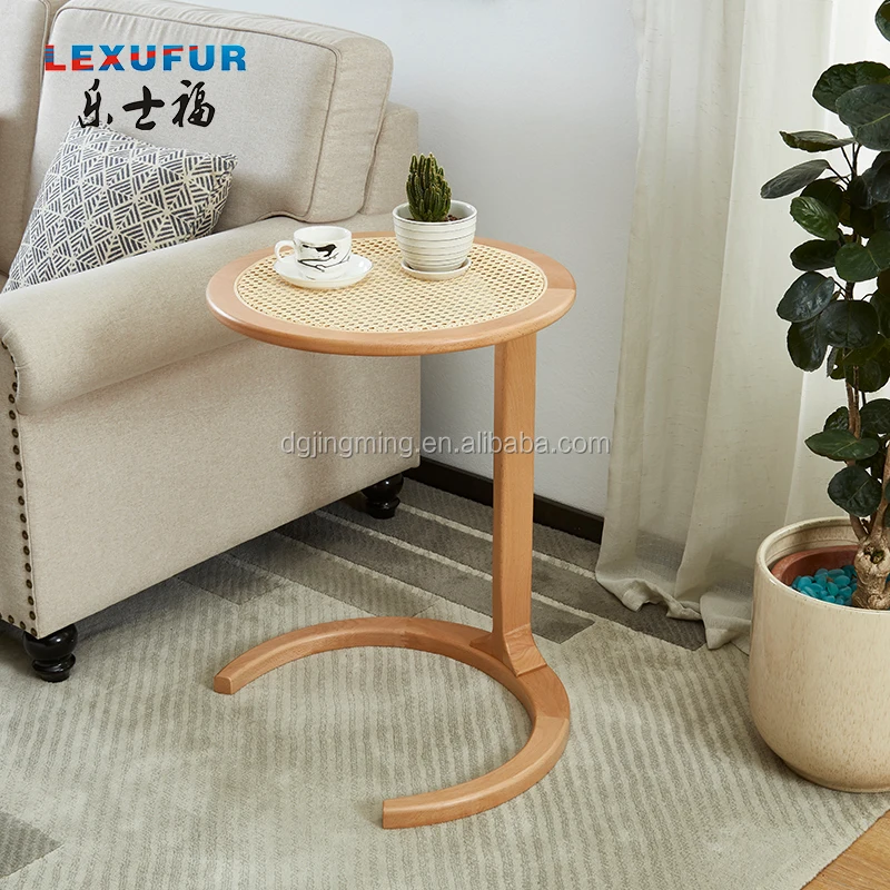 Ash Wood Round Side Table With Rattan Top