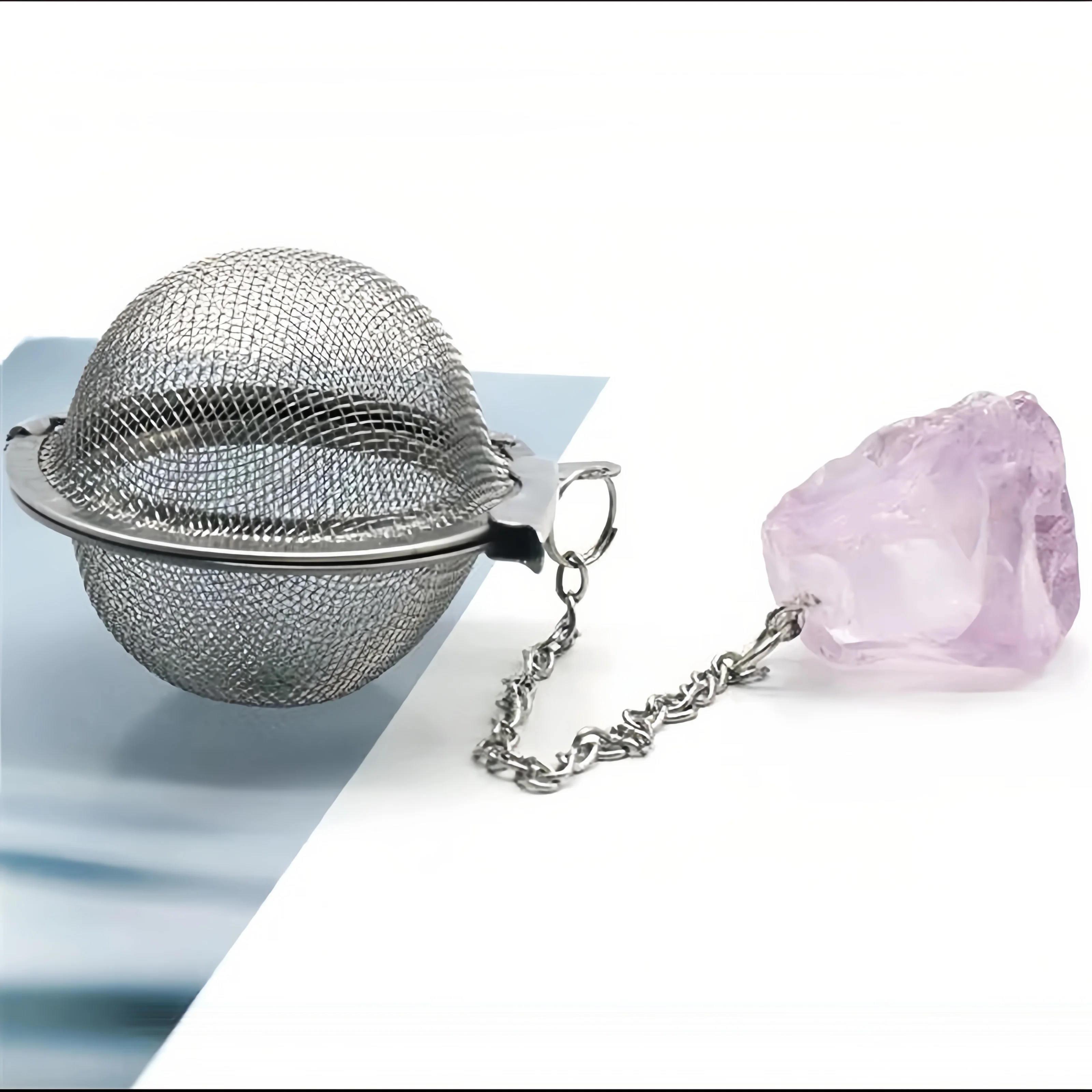 Custom Stainless Steel Chain Mesh Ball Tea Filter with Natural Crystal Stone Decorative Pendant Set for Coffee Tea supplier
