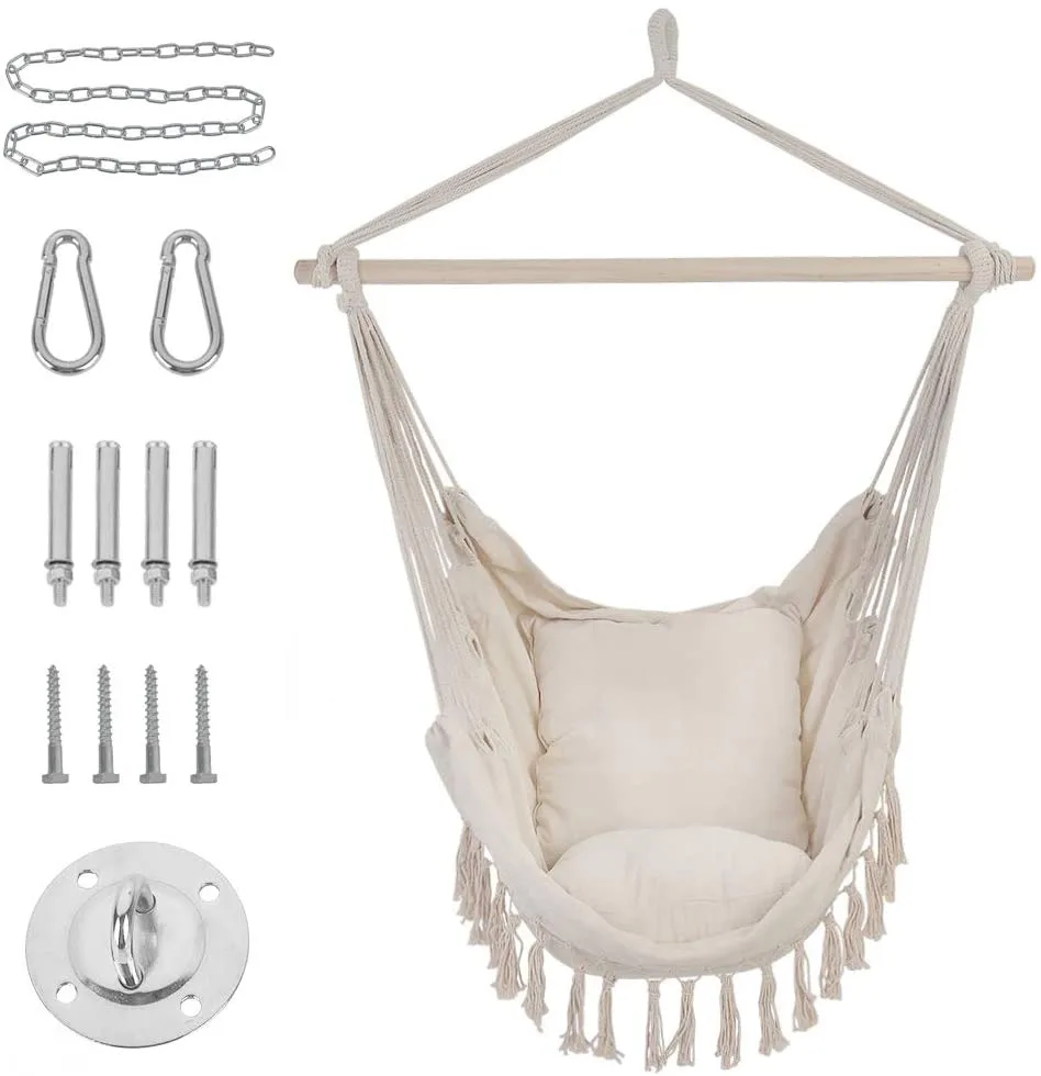 cotton rope hanging swing hammock chairs with 2 cushions and hardware