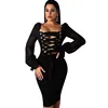 New Arrival For 2020 Women's Sexy Lace Long Sleeved Medium Length Dresses With Chest And Back Tie Clothing