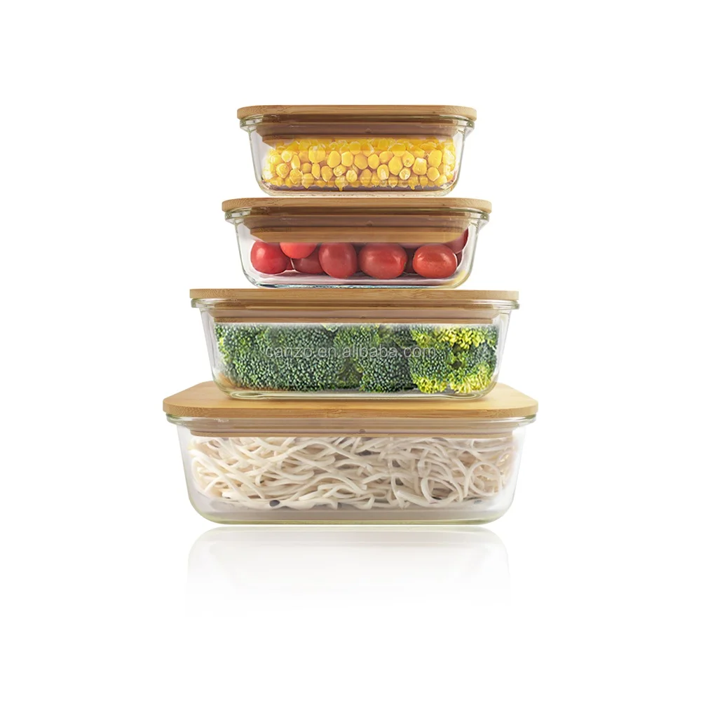 4 Pcs Oven Microwave Safe Glass Food Container With Bamboo Lid Airtight