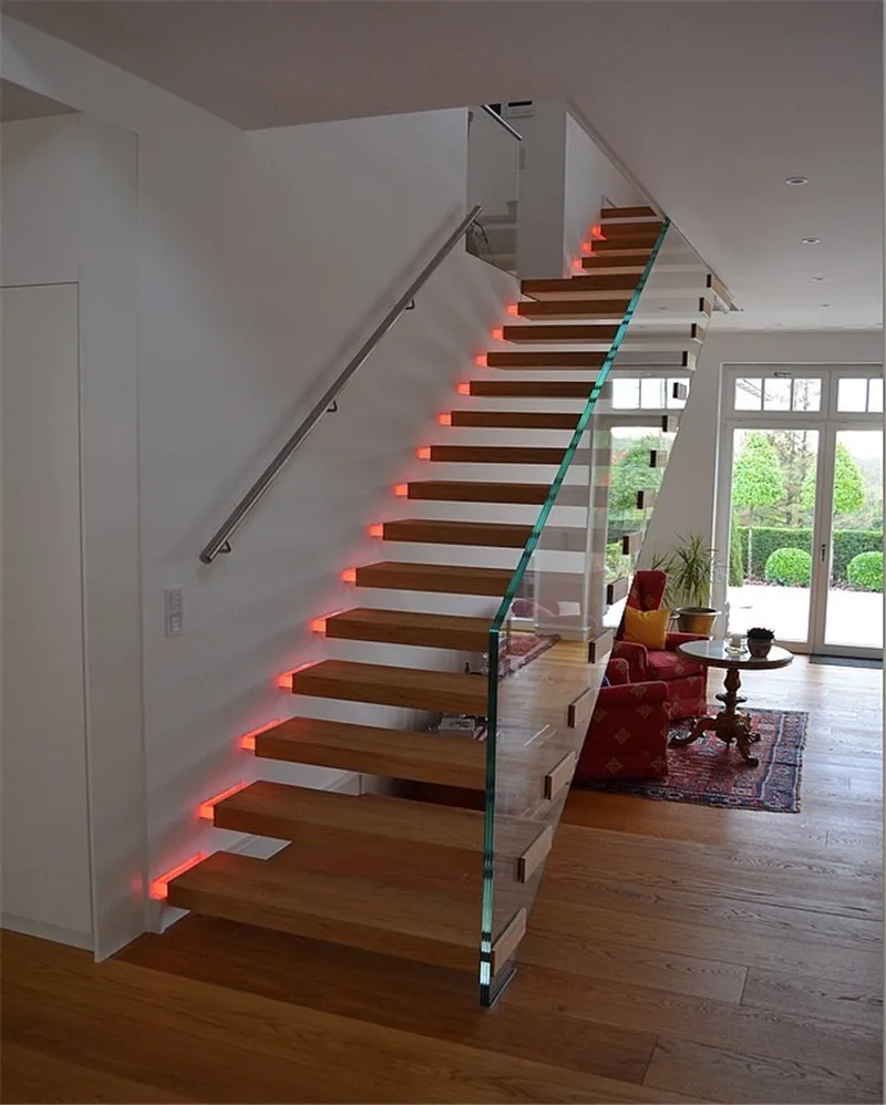 Modern And Interior Straight Eskalye Glass Floating Stairs Solid Wood Tread Staircase With led Stair Light