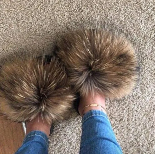 Light Real Fox Hair Slippers Women Fur Home Fluffy Sliders Winter Plush Furry Summer Flats Sweet Ladies Shoes L
