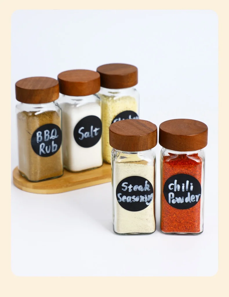product glass spice jar 120ml bamboo and wood lid seasoning bottles 4oz square vanilla spice jars set-0