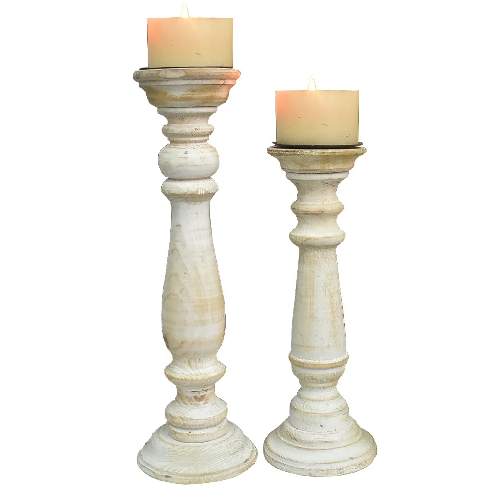 French Chic Pillar Candle Stick Holder Wooden White Country Chic Vintage Table 