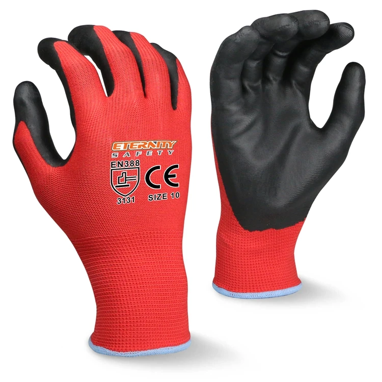 
Thin red nylon with nitrile microfiber foam coated palm gloves <span style=