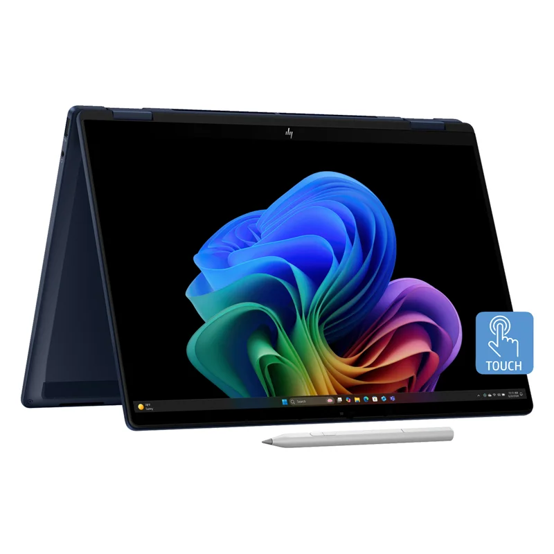 Front view of a sleek silver 14-inch 2-in-1 laptop in laptop mode with stylus docked