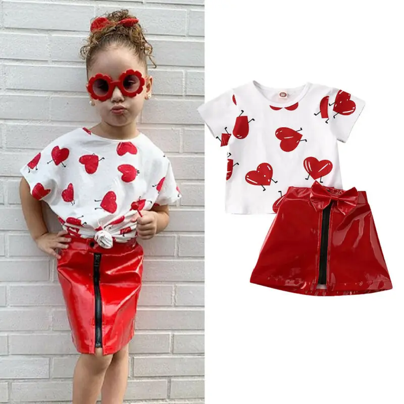 Kids Baby Girls Clothes Summer Love Heart Printed Short Sleeve Top T