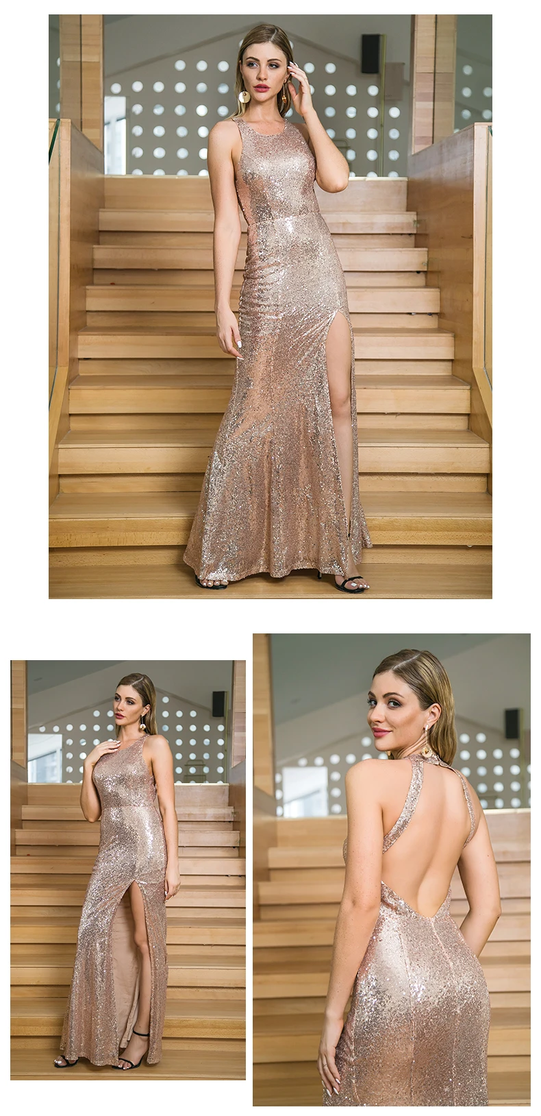 Women Sexy Fashion Split Sleeveless Jewel Bare Bridesmaid Sequin Glitter Maxi Club Evening Dress 6373