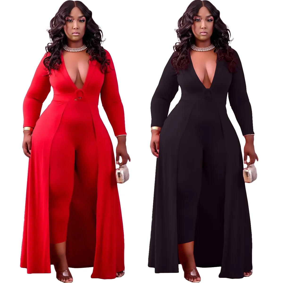 New Fall Jumpsuit Plus Size Womens Clothing Solid Color Long Sleeved V ...