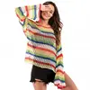 Valentine's Day Rainbow stripe Sweater Women Jumper Pull Femme Hollow Out Knitted Pullover Female Tunics Thin Loose Tops
