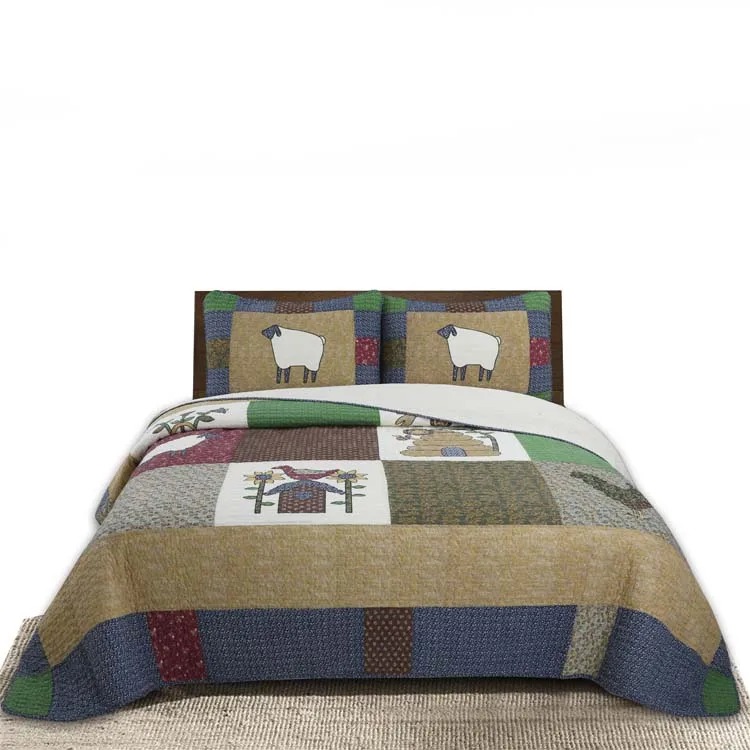 Home decor cute lamb pattern reversible patchwork 3 piece quilt bedding bedspreads set for beds