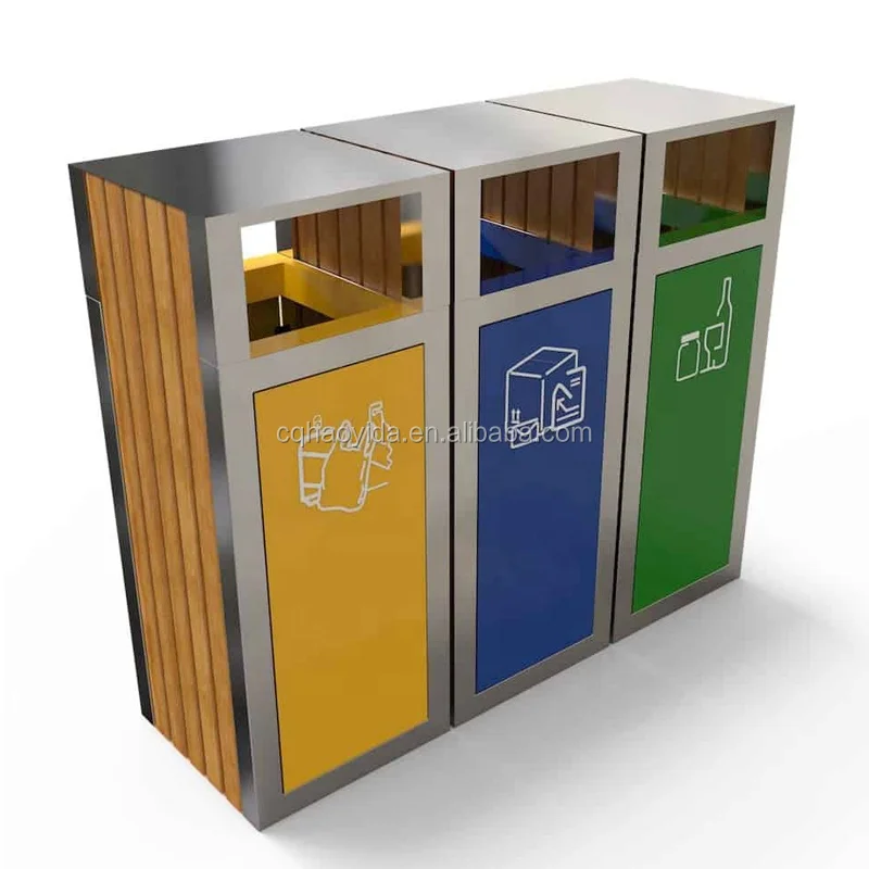 Wooden 3 Compartments Recycling Waste Bin Urban Square Compost Rubbish