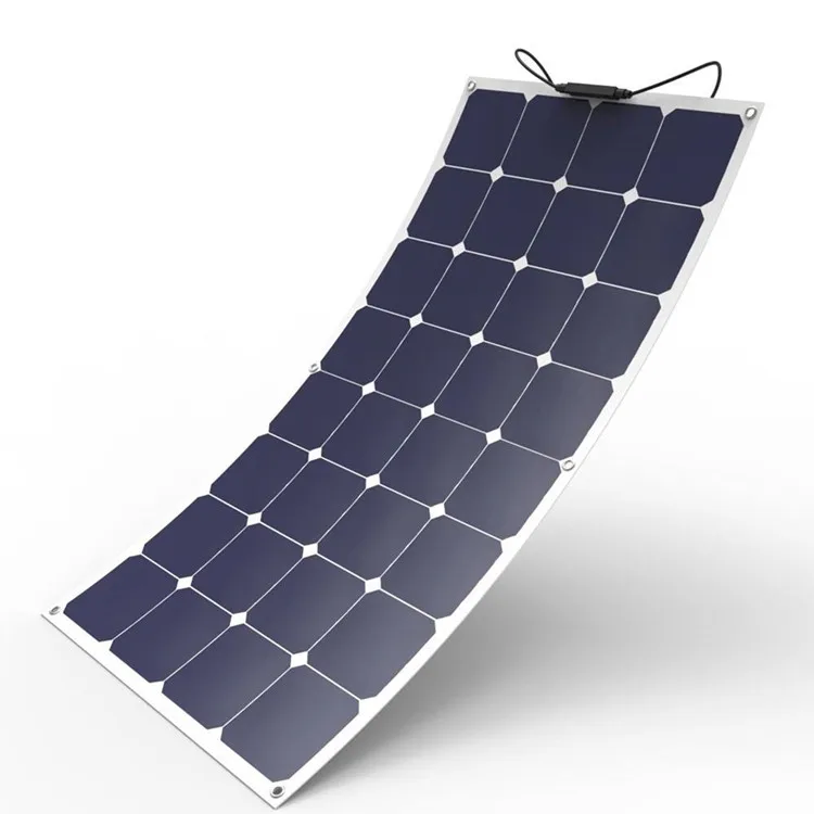 Foldable 100W solar panel deployed on grass with integrated stand and USB-C port visible