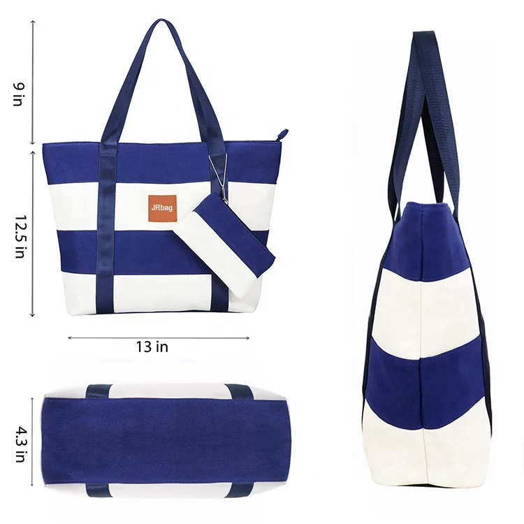 Simple Style Large Blue and White Stripe Ladies Shoulder Handle Canvas Beach Tote Bag with Pocket and Zipper for Travel and Shop