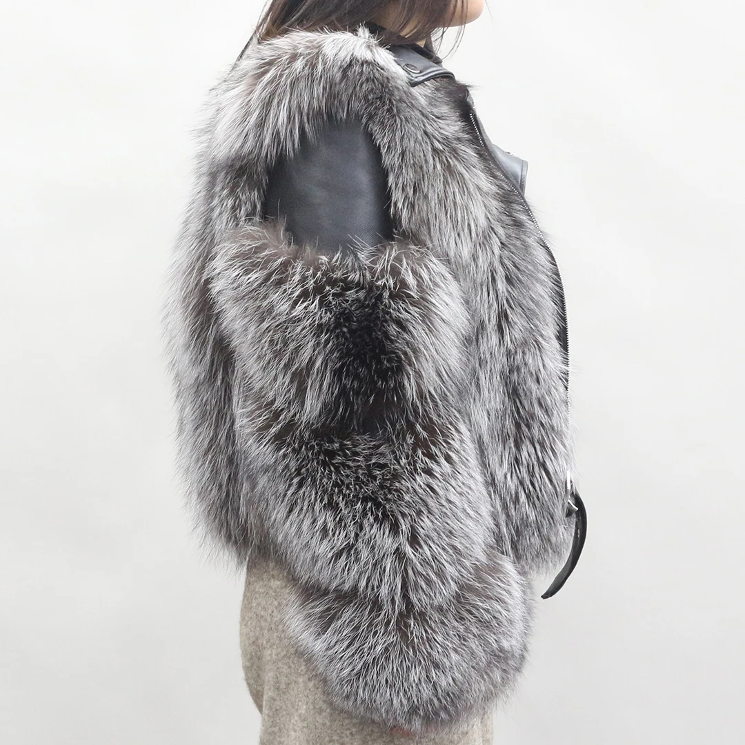 2020 冬季真实动物皮毛女士外套夹克拼接真皮奢华妇女银色狐狸毛外套