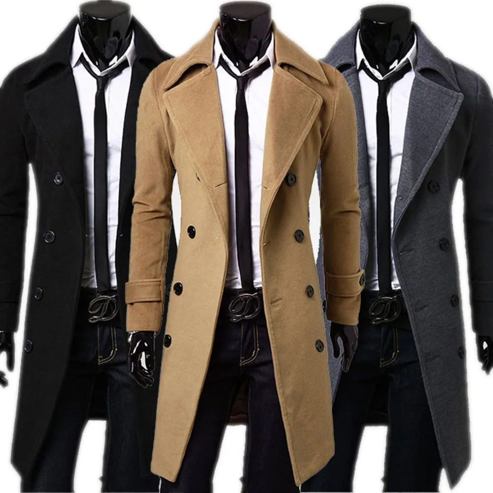 Men's Trench Coat Double-breasted Long Jacket In Solid Colour_voghion.com