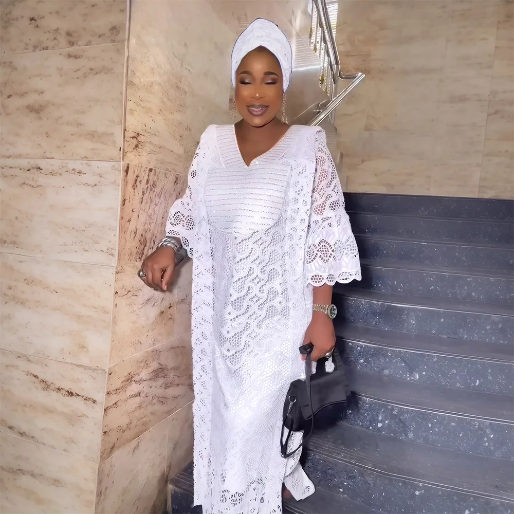 African Luxury Rich Hight Quality Elegant Boubou Lace White Dress Set Three  Pieces Clothes Maxi Dresses Robe for Women K0950