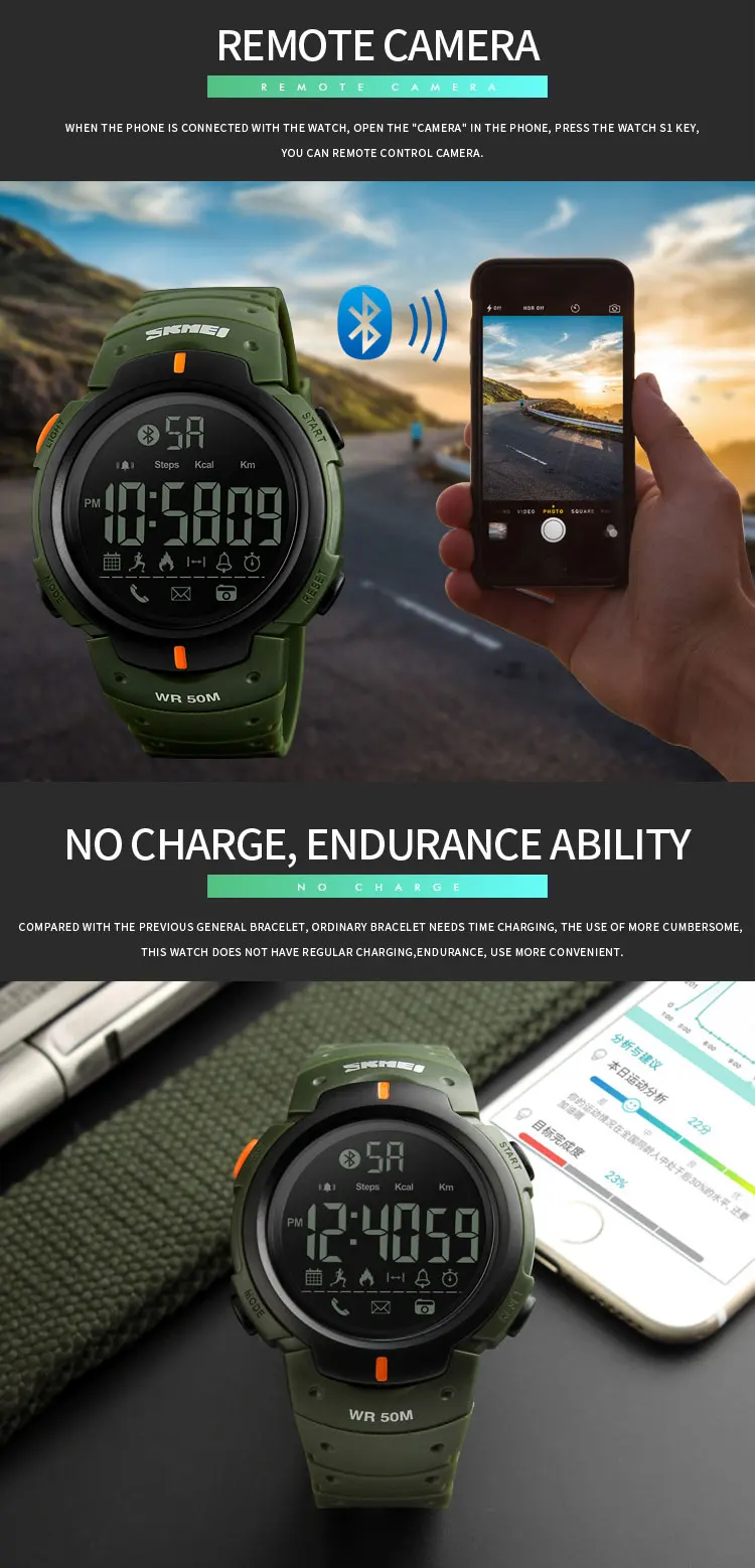 Top Fashion Skmei Bluetooth Men Sport Digital Wrist Watch Waterproof Reminder IOS Android Calorie Pedometer Fitness Smartwatch