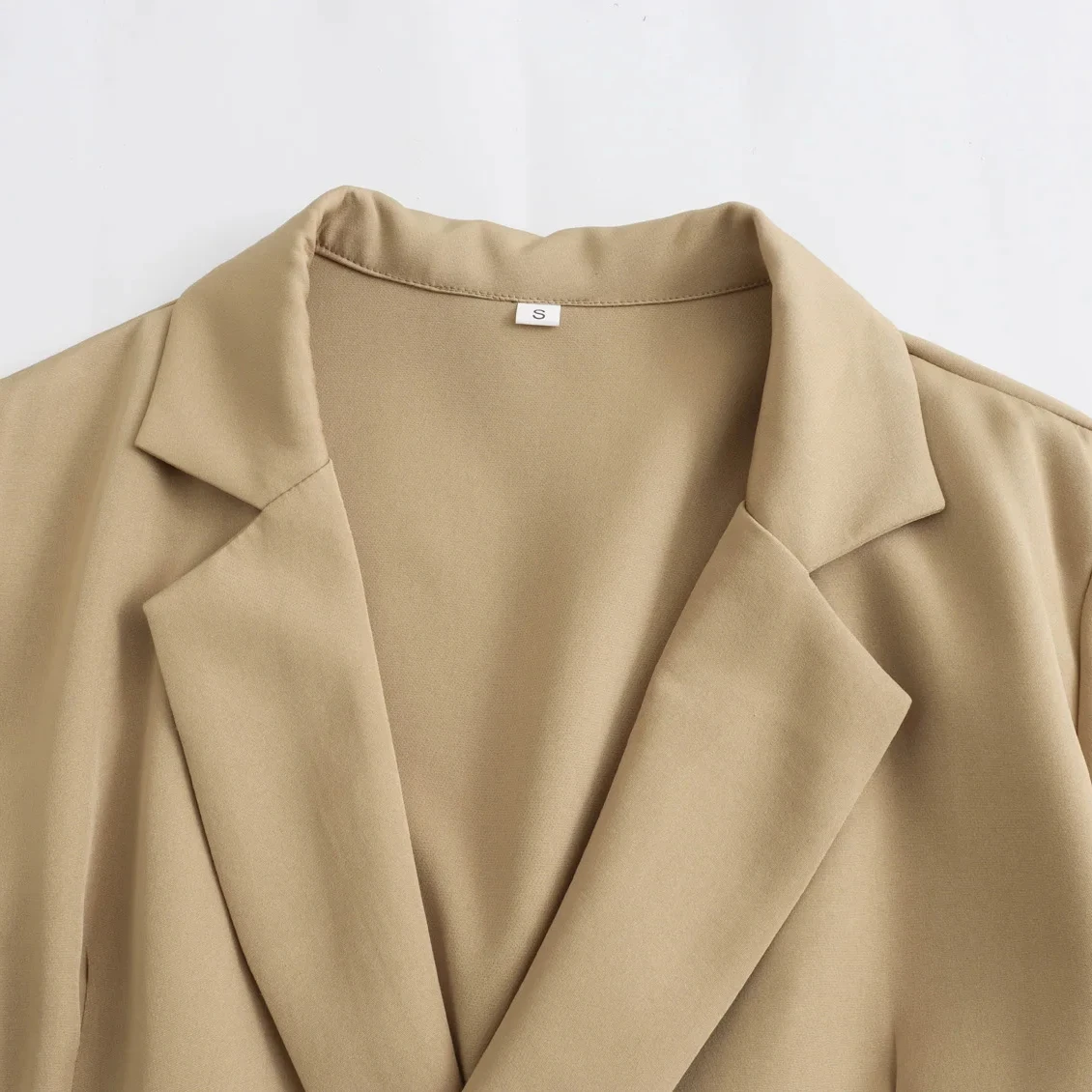 New Notched Collar Long Sleeve Khaki Color Side Button Pleated Casual ...