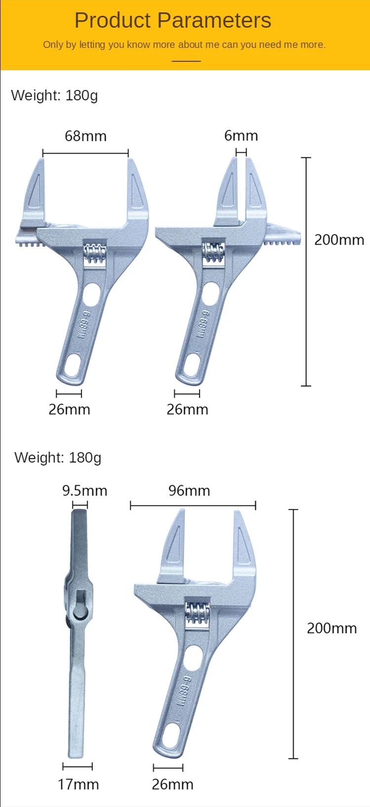 1668mm Large Opening Adjustable Wrench Short Handle Sanitary Wrench